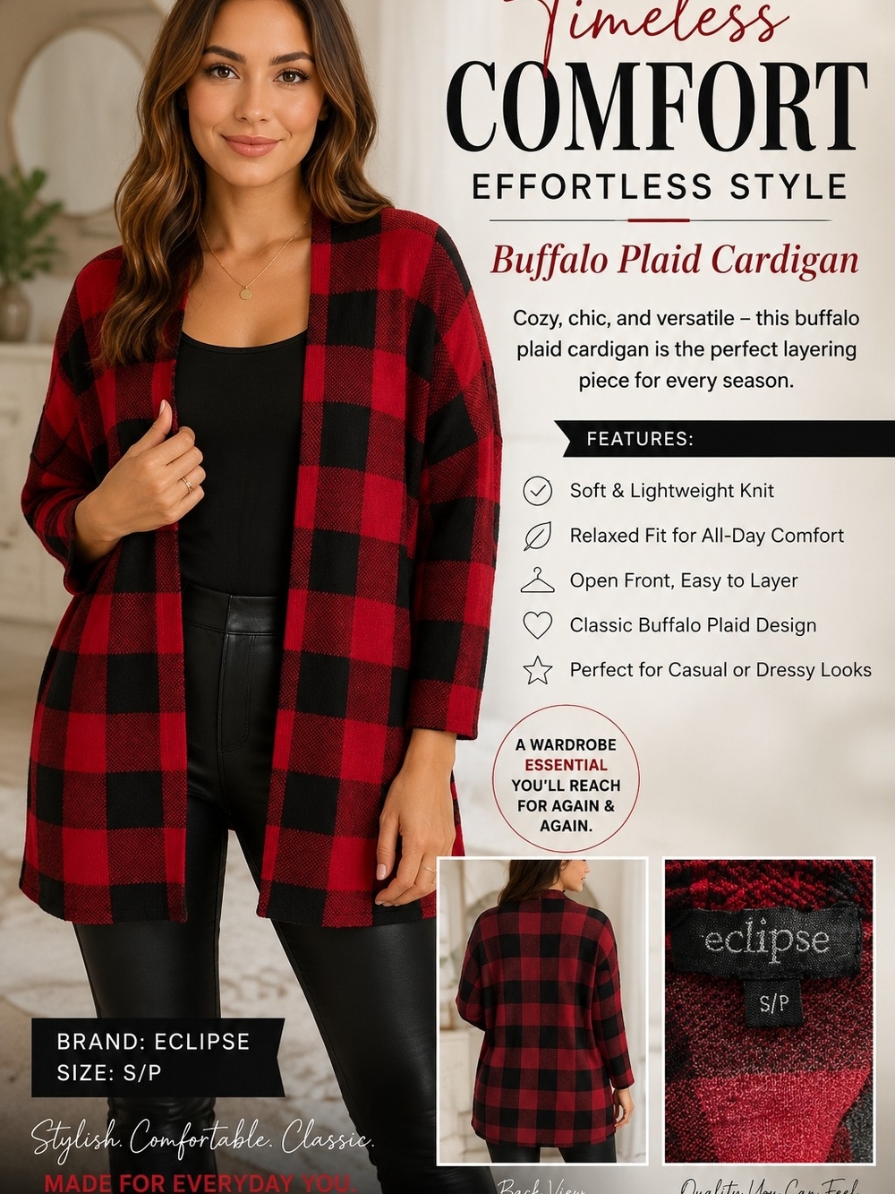 Eclipse Buffalo Plaid Open-Front Cardigan - Red & Black